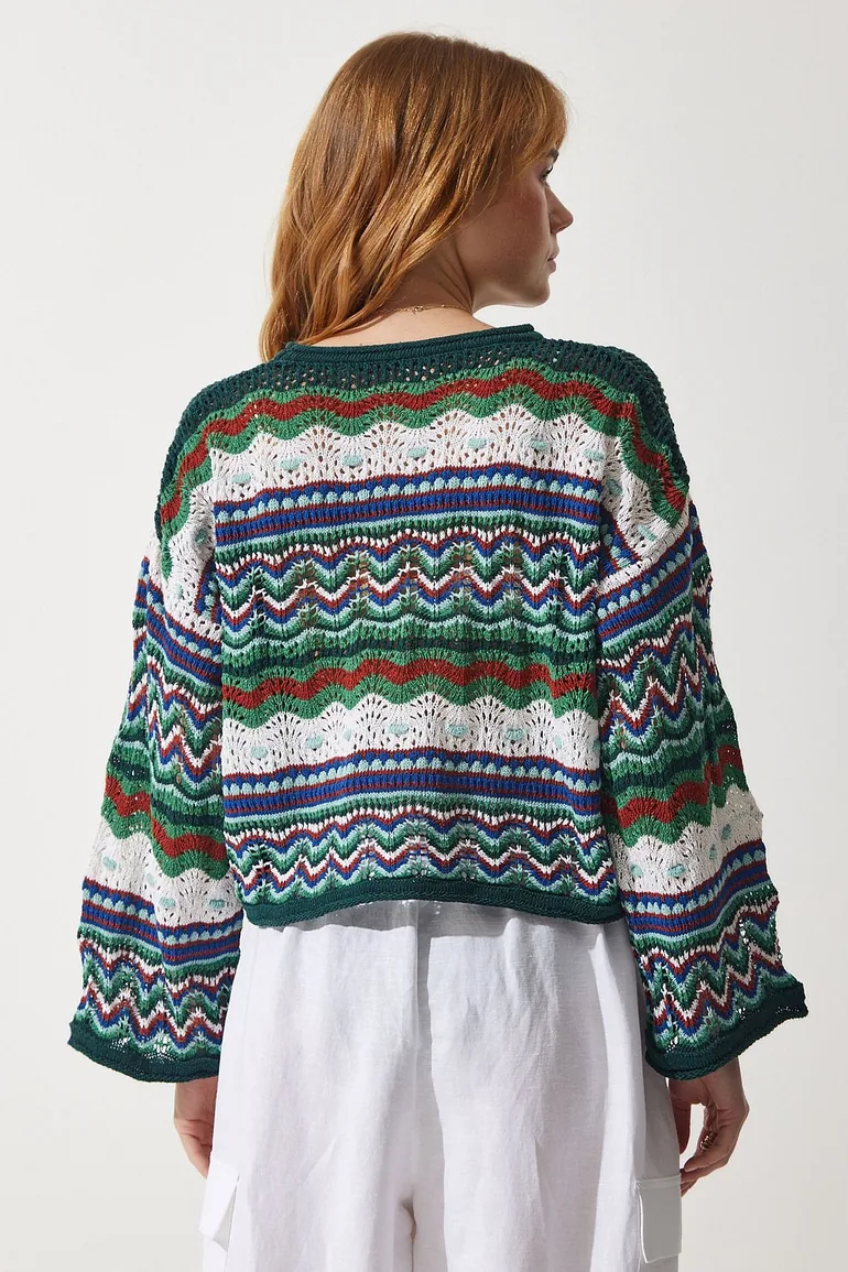 Women's Cream Green Patterned Seasonal Knitwear Sweater - 3