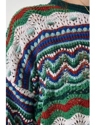 Women's Cream Green Patterned Seasonal Knitwear Sweater - 4