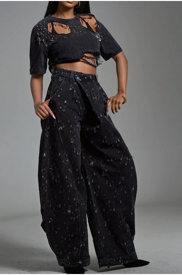 Ayah Torn Asymmetric Jeans