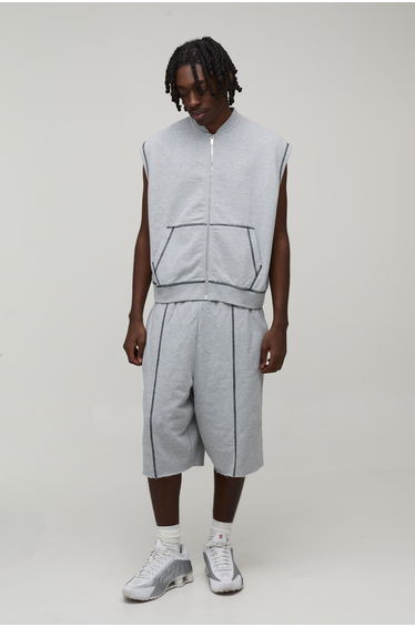 Oversized Boxy Loopback Sleeveless Zip Through Jersey Gilet And Jort Tracksuit - grey marl