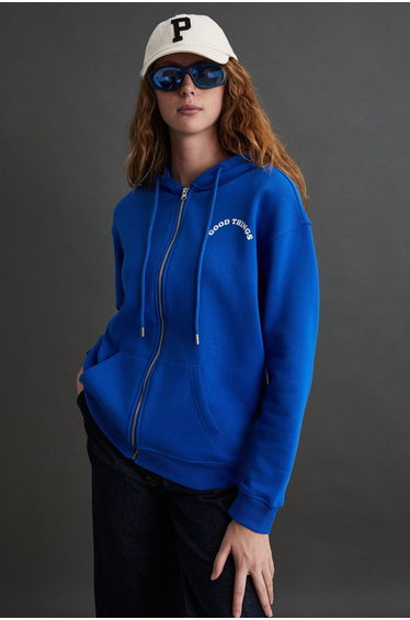 Leılany Women's 3 Yarn Raised Back Print Detail Regular Hooded Parliament Blue Sweatshirt