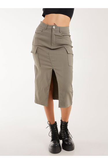 Utility Cargo Midi Slit Skirt