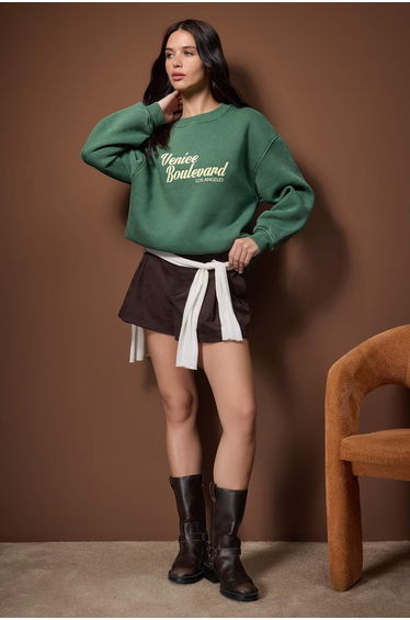 Green washed slogan print oversize/wide fit thick fleece lined knitted sweatshirt
