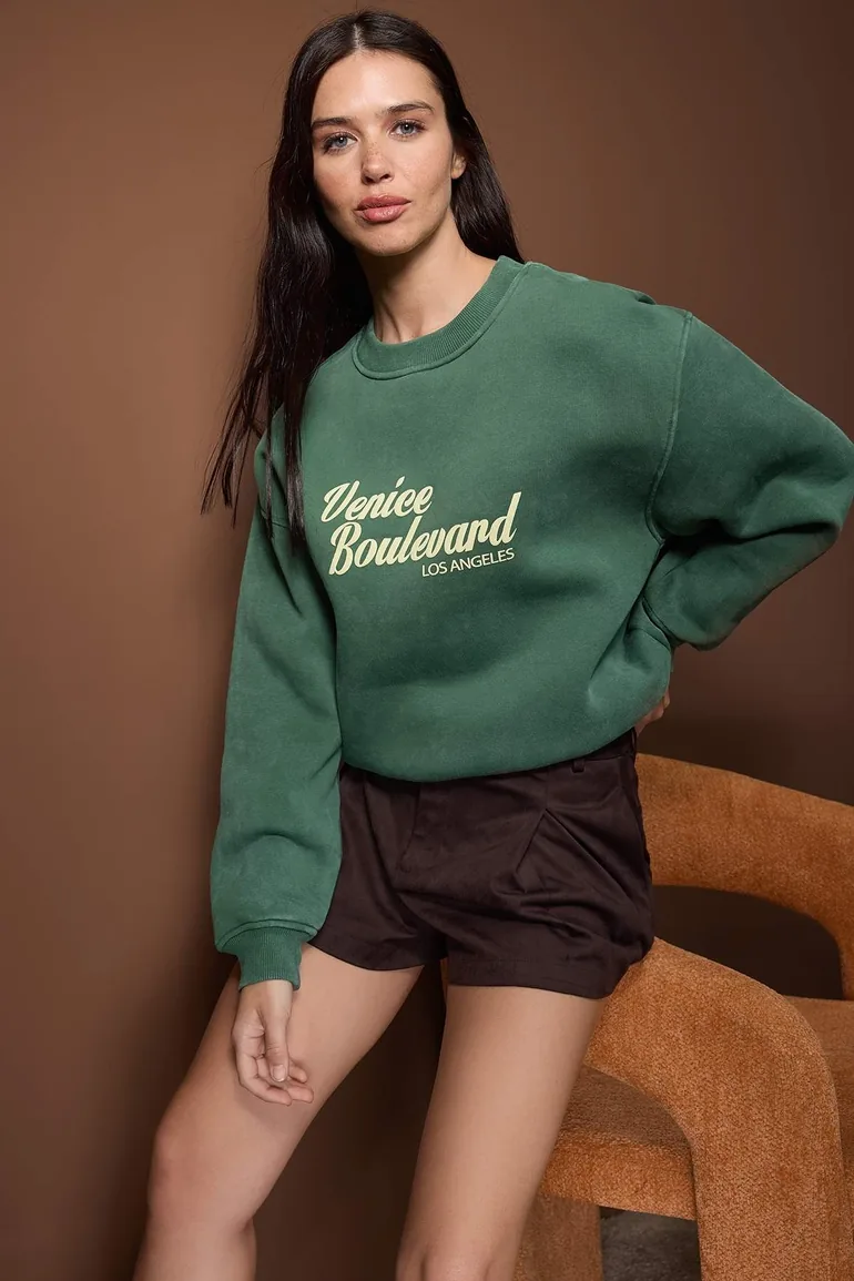 Green washed slogan print oversize/wide fit thick fleece lined knitted sweatshirt - 1