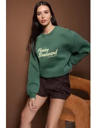 Green washed slogan print oversize/wide fit thick fleece lined knitted sweatshirt - 1