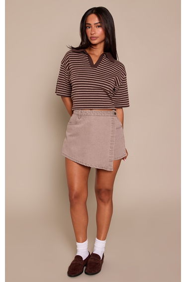 Petite Mushroom Wrap Front Denim Mini Skort