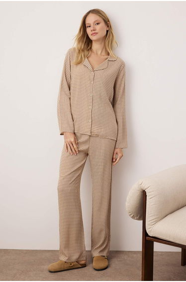Beige Plaid / Check Shally Woven Pajama Set