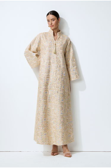 Luxe Evening Apricot Geometric Embroidered Kaftan Maxi Dress