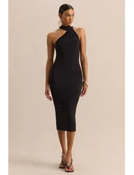 Devinae | Black Asymmetric-Neck Midi-Dress With Open-Back And Scarf-Detail - 5