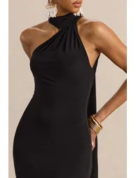Devinae | Black Asymmetric-Neck Midi-Dress With Open-Back And Scarf-Detail - 4