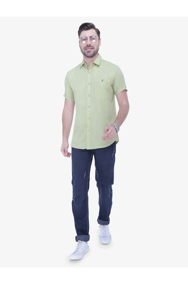 Men Green Linen Blend Short Sleeve Shirt