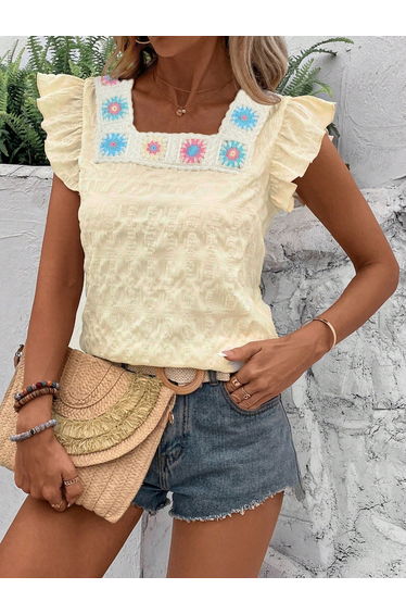 Women Beige Texture Embroidered Top