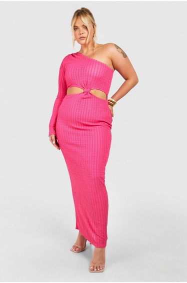 Plus Textured Cut Out One Shoulder Maxi Dress - hot pink