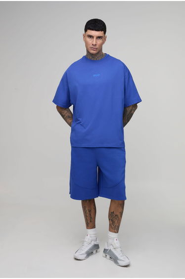 Tall Oversized Panelled Man Embroidered T-Shirt and Short Set - cobalt