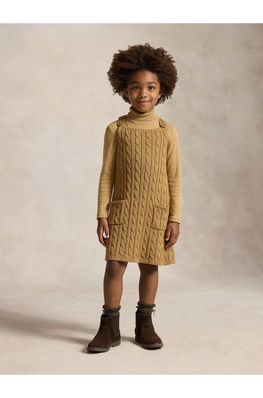 Ralph Lauren Girls Cable Knit Pinafore Dress in Brown