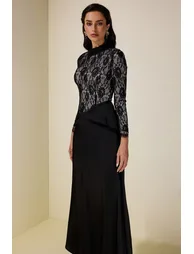 Satin Splicing Lace Long Sleeve Maxi Dress - 2
