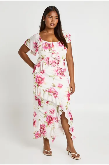 فستان ماكسي ميش بكشكش بطبعة أزهار - للمقاسات الكبيرة