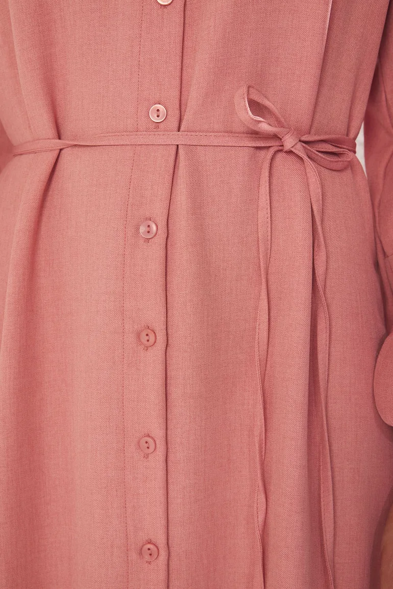 Dusty Rose Lace Detailed Linen Look Woven Dress - 1