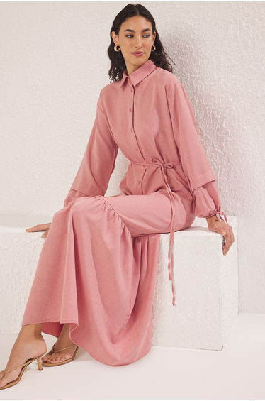 Dusty Rose Lace Detailed Linen Look Woven Dress