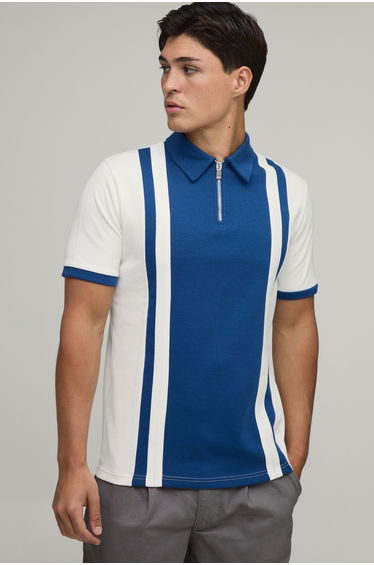 Slim Panelled Zip Neck Interlock Polo - navy