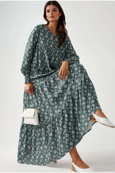 Printed Crew Neck Viscose Maxi Dress