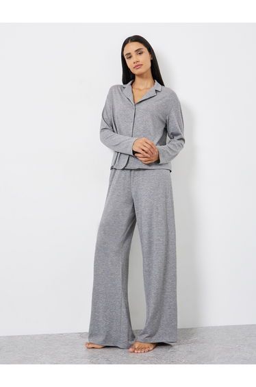 Melange Long Sleeve Shirt and Wide Leg Pyjama Set