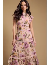 FLORAL PRINTED CHIFFON LACE INSERT DRESS - 1