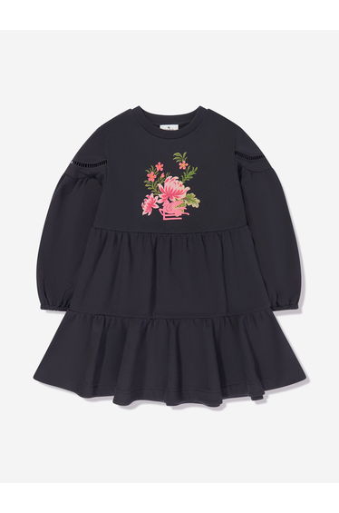 Girls Flower Jersey Dress in Navy