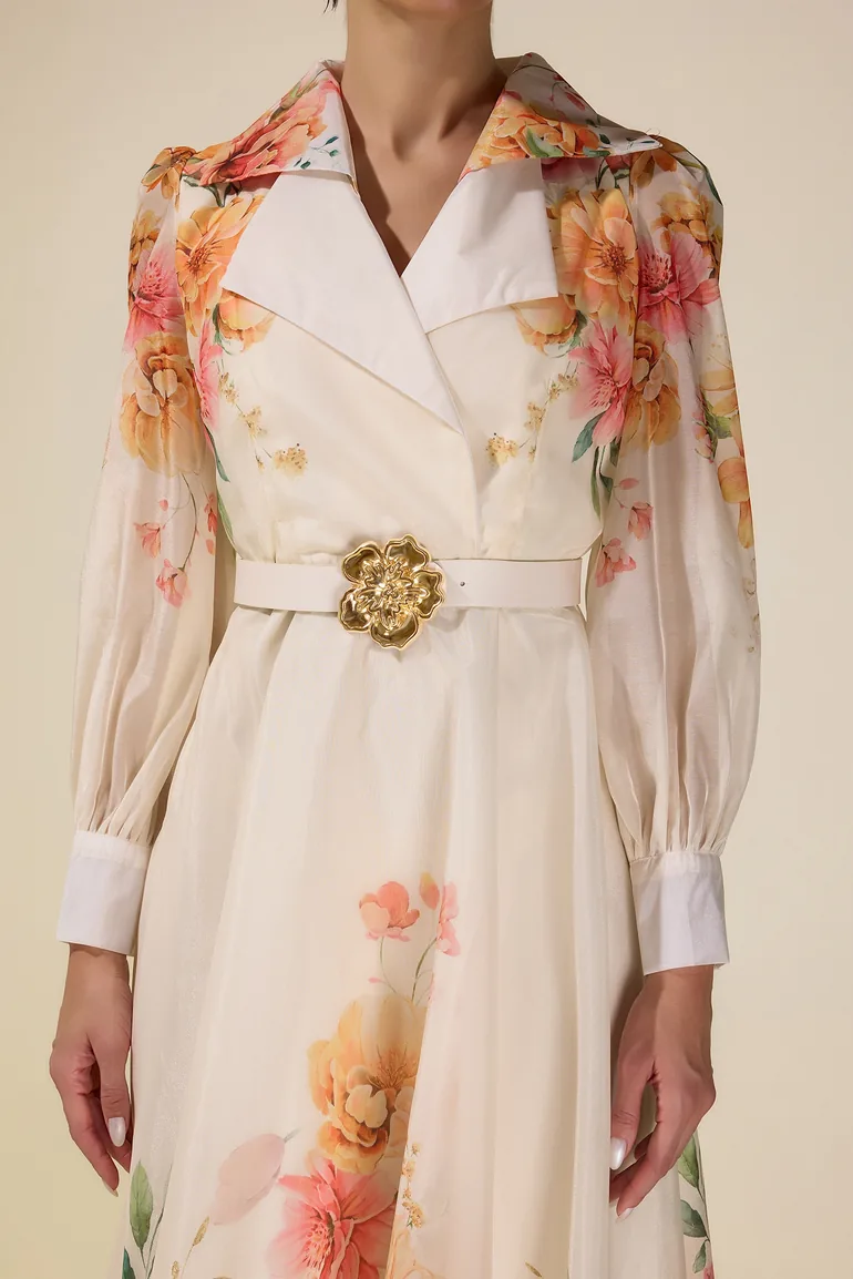 Floral Tailored Collar Maxi Dress With Belt - 6