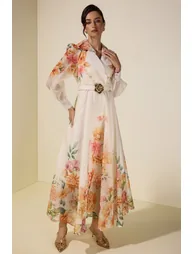 Floral Tailored Collar Maxi Dress With Belt - 4