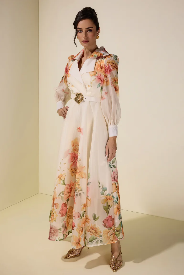 Floral Tailored Collar Maxi Dress With Belt - 5
