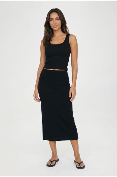 Petite Basic Solid Black High Waisted Midi Skirt - black