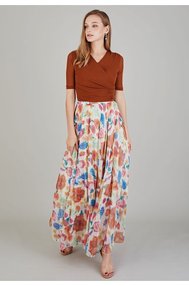 Colorful Blossom Printed Chiffon Maxi Skirt in Light Yellow