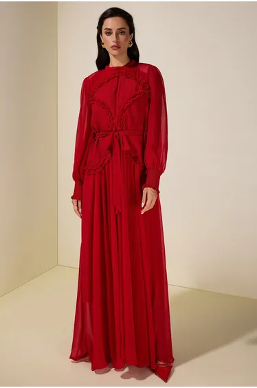 فستان جاردان فو شيفون أحمر ماكسي على شكل حرف A بأكمام طويلة