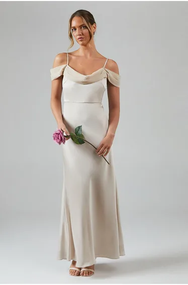 Cowl Neck Cold Shoulder Satin Dress