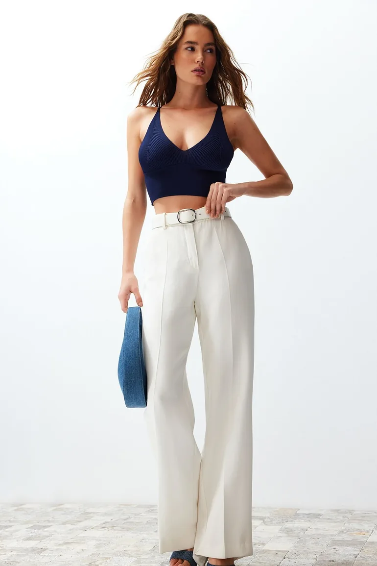 Navy Blue Super Crop Back Detail Knitwear Blouse