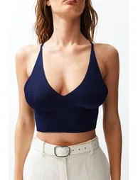 Navy Blue Super Crop Back Detail Knitwear Blouse - 2