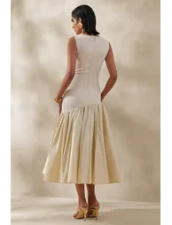 Fantasia | Cream Boat-Neck Midi Dress With Asymmetric Drop-Waist - 1