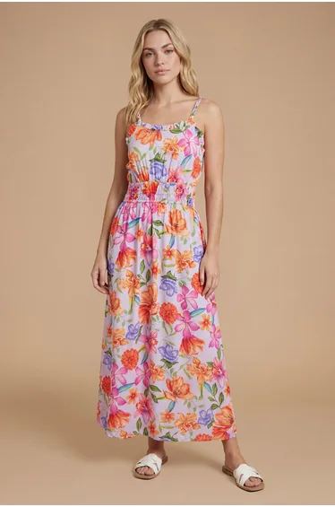 Purple Floral Twist Strap Detail Printed Midi Dress