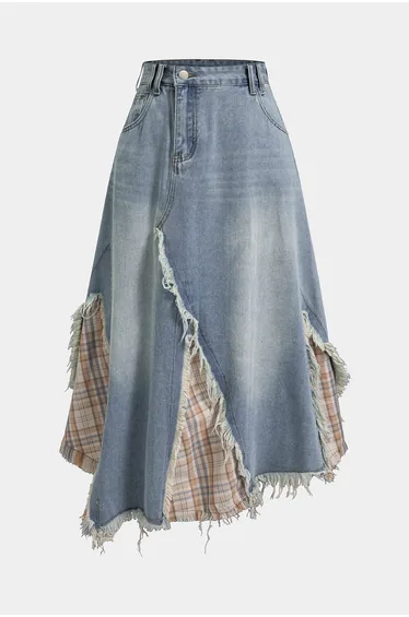 Denim Patchwork Plaid Print Ripped Asymmetrical Skirt
