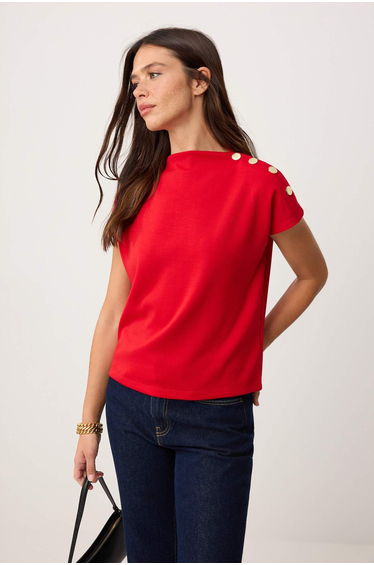 Red Regular/Normal Fit Mock Neck Accessory Detail Cropped Soft Touch Knitted Blouse
