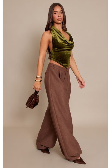 Olive Velvet Cowl Neck Long Top