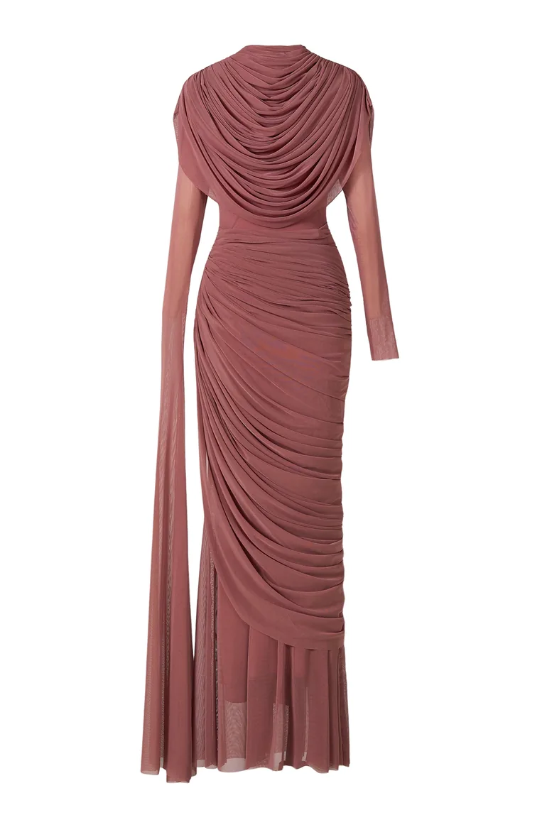 فستان ماكسي ميش مزموم بأكمام - 9