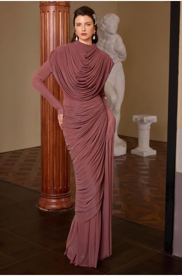 Mesh Gathering Asymmetrical Sleeve Maxi Dress