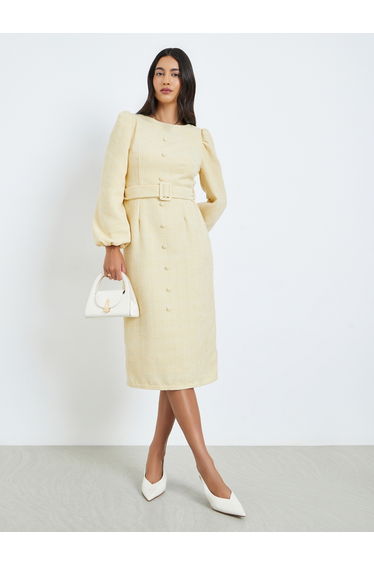 Beige Balloon Sleeve Sheath Midi Dress