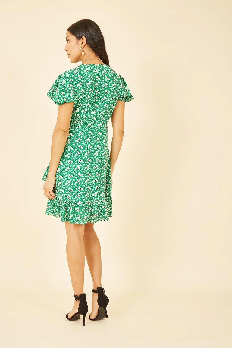 Yumi Green Ditsy Floral Wrap Frill Dress - 1