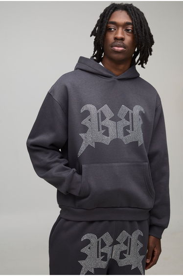Oversized Boxy Rhinestone B Star Hoodie - charcoal