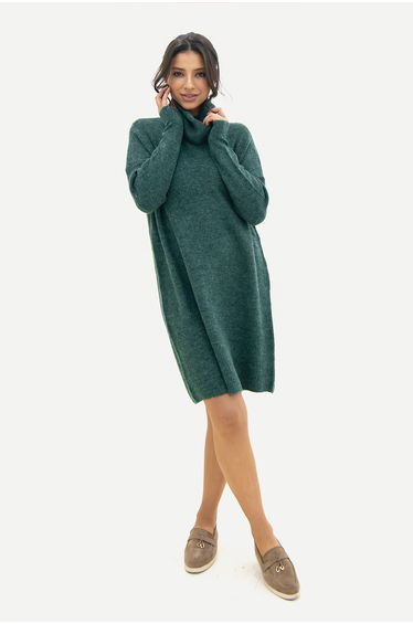 Plain green wool dress with cowl neckline