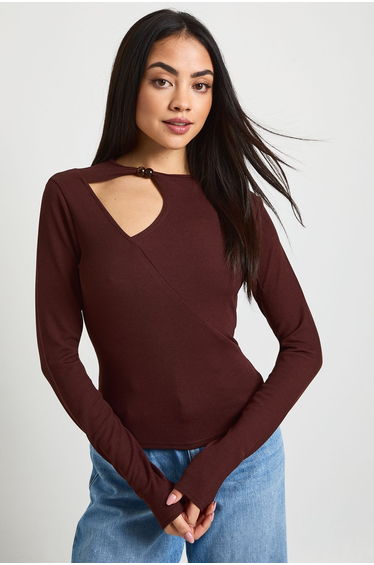 Rib Long Sleeve Keyhole Detail Top with Bead Trim - chocolate