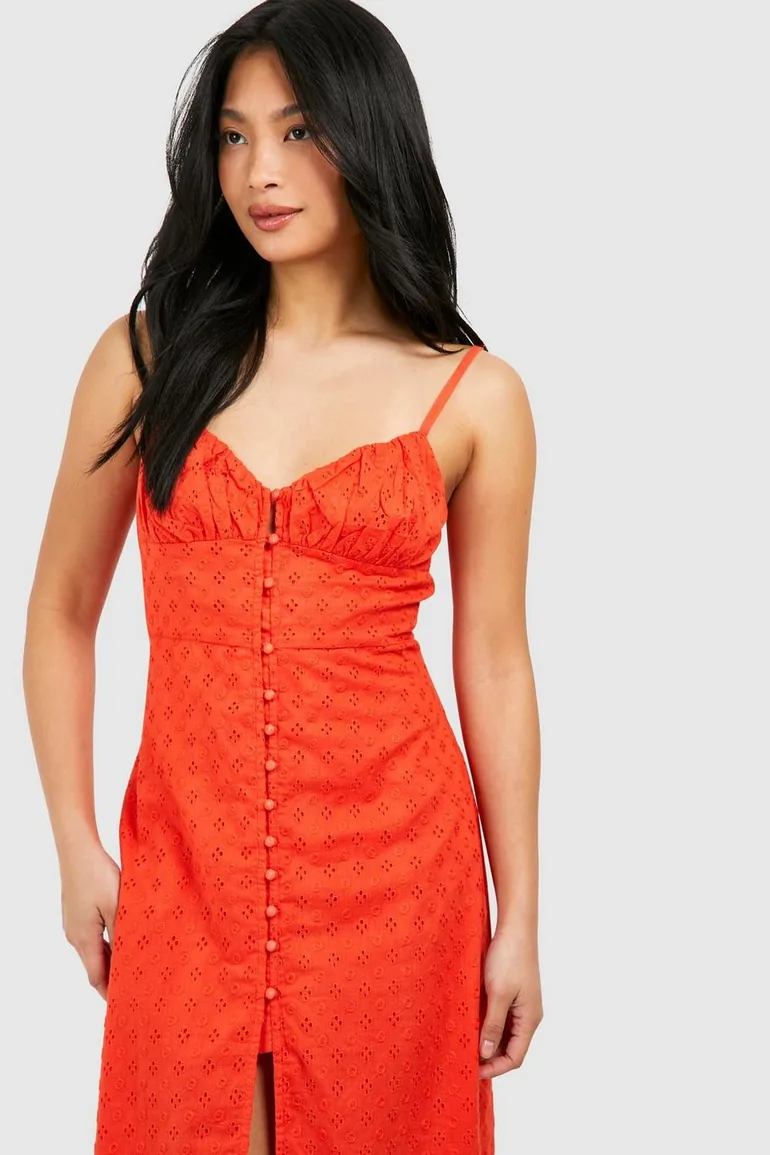 Petite Broderie Button Detail Midaxi Dress - red - 3